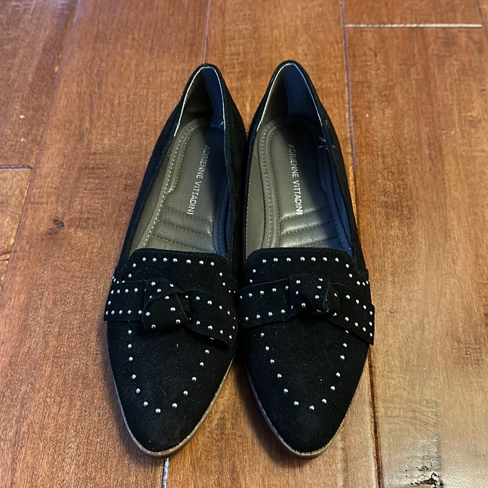 Adrienne Vittadini black sued flats w/ silver pin head detail. So 6.5